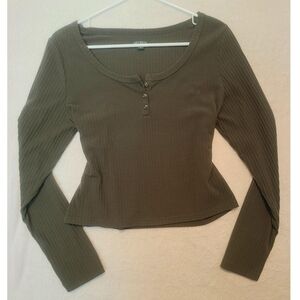 Ribbed Scoop Neck Long-Sleeve Top - Olive
